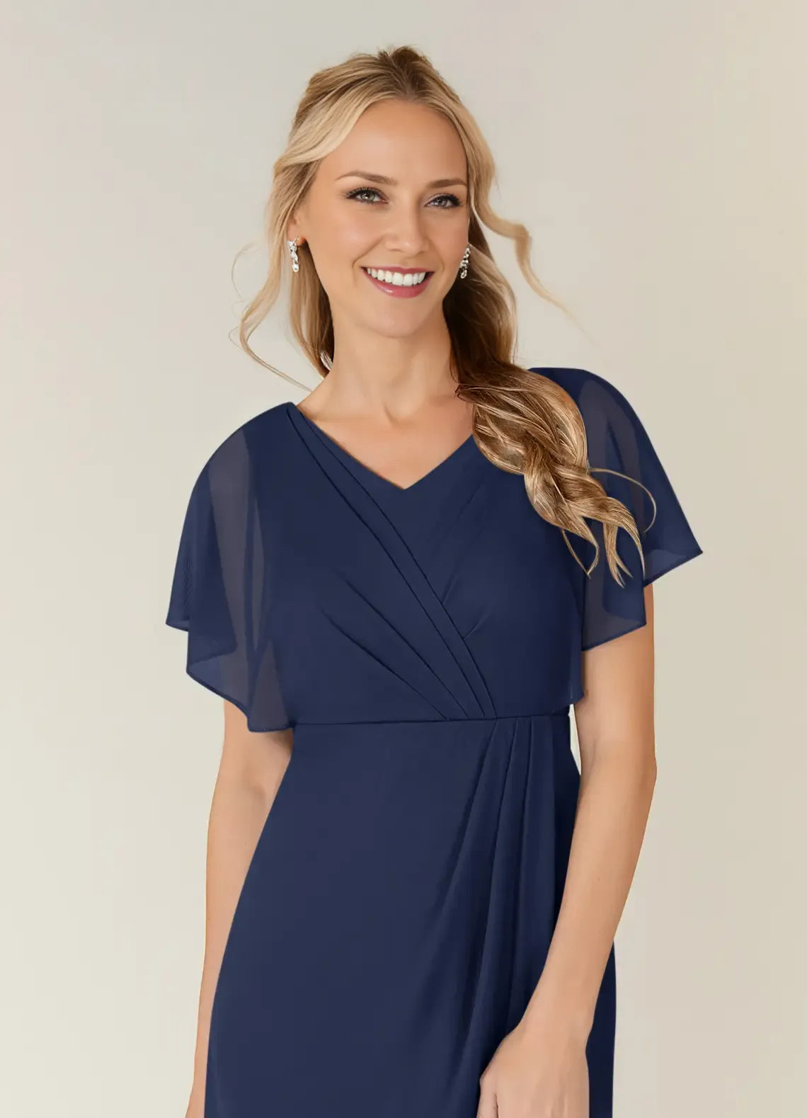 Elegant Sheath V Neck Flutter Sleeve Back Zip Knee-Length Mother of the Bride Dress
