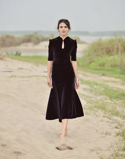 Elegant Short Sleeves Evening Dress Velvet Dress Black Women Velvet Dress Velvet Formal Dress