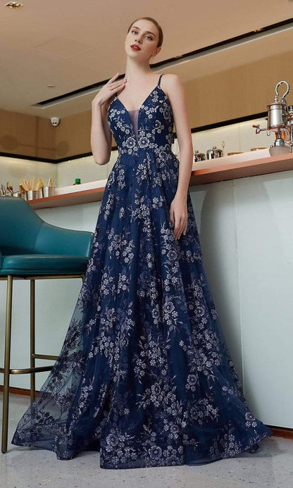 Elegant Sleeveless Spaghetti Straps Open Back Lace Up Floral Embellished Floor Length A-line Prom Dress / Prom Dress In Store