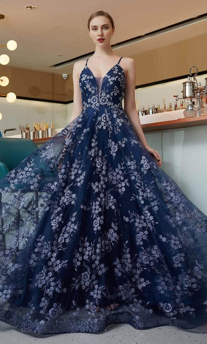 Elegant Sleeveless Spaghetti Straps Open Back Lace Up Floral Embellished Floor Length A-line Prom Dress / Prom Dress In Store