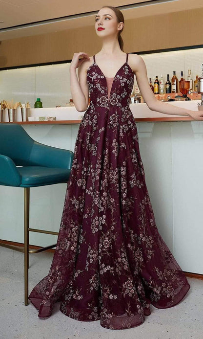 Elegant Sleeveless Spaghetti Straps Open Back Lace Up Floral Embellished Floor Length A-line Prom Dress / Prom Dress In Store