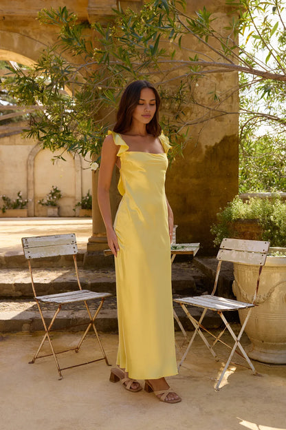 Elegant Square Neck Satin Discount Long Bridesmaid Dresses Yellow A-Line Sleeveless Solid Color Long Prom Dress