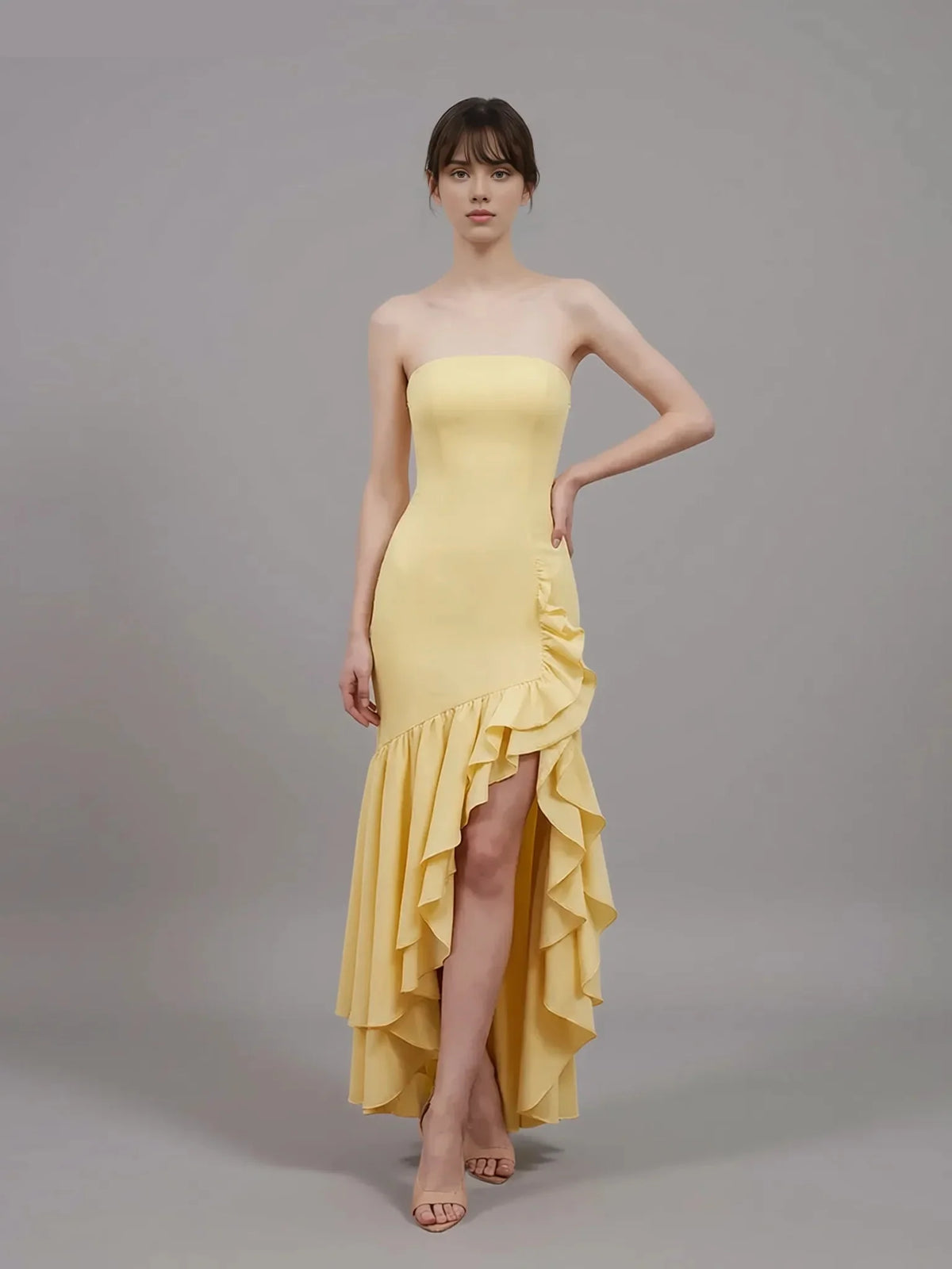 Elegant Strapless Ruffle Slit Mermaid Maxi Prom Dress