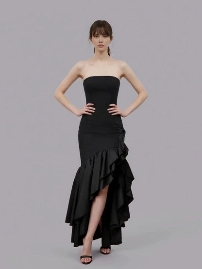 Elegant Strapless Ruffle Slit Mermaid Maxi Prom Dress