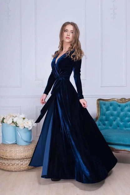 Elegant Stunning Velvet Long Sleeves V Neck Ankle Length Bridesmaid Prom Dress