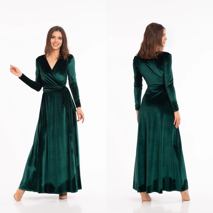 Elegant Stunning Velvet Long Sleeves V Neck Ankle Length Bridesmaid Prom Dress