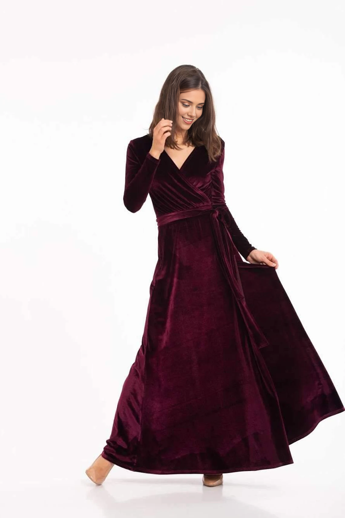 Elegant Stunning Velvet Long Sleeves V Neck Ankle Length Bridesmaid Prom Dress