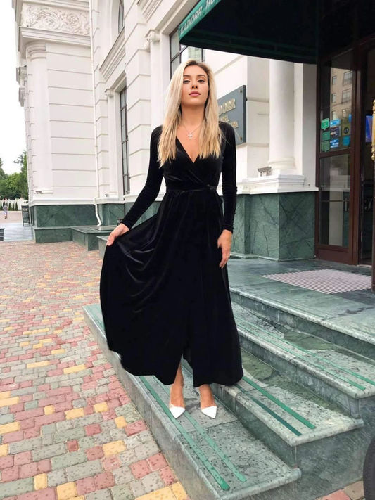 Elegant Stunning Velvet Long Sleeves V Neck Ankle Length Bridesmaid Prom Dress