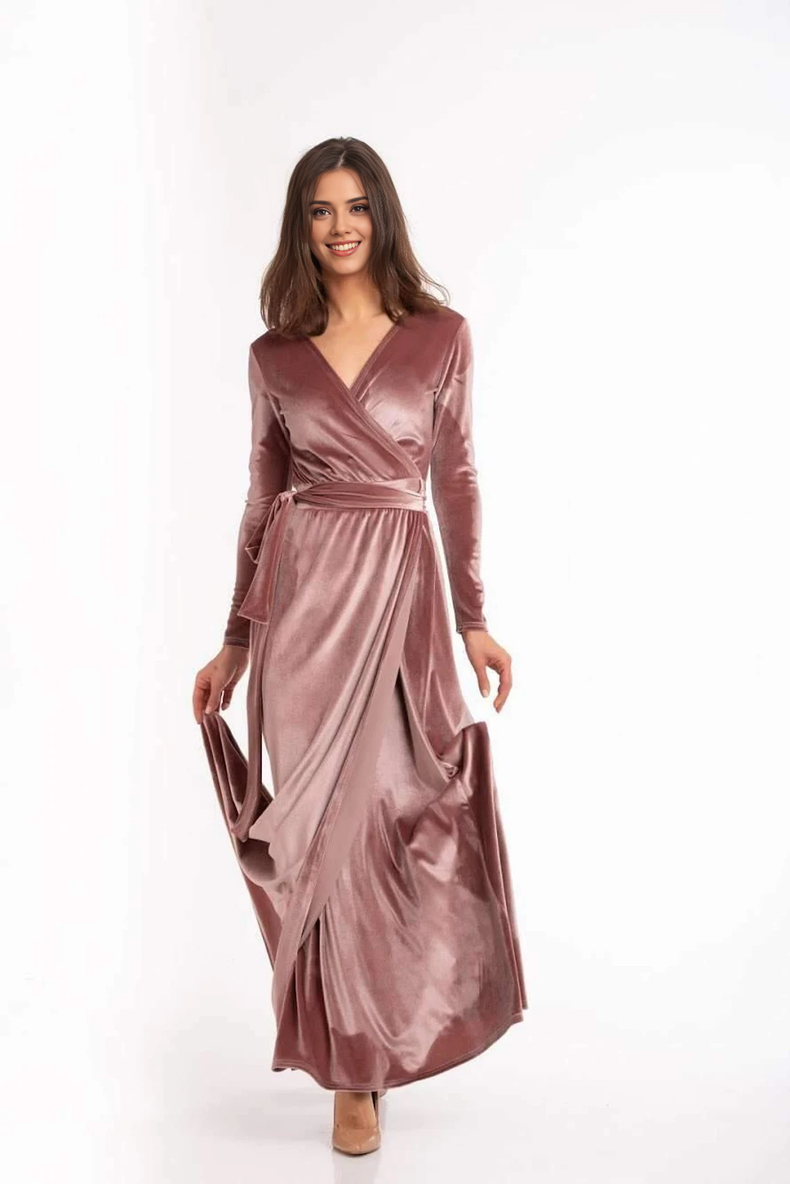 Elegant Stunning Velvet Long Sleeves V Neck Ankle Length Bridesmaid Prom Dress
