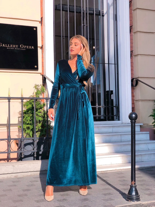 Elegant Stunning Velvet Long Sleeves V Neck Ankle Length Bridesmaid Prom Dress