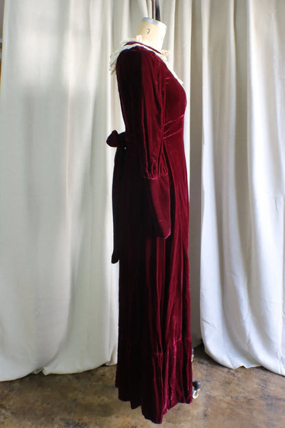Elegant Style Velvet Dress Dark Red Velvet and Lace Gown Long Sleeve Maxi Women's Evening Dress