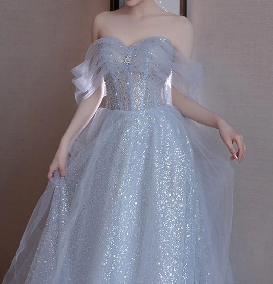 Elegant Sweetheart Off Shoulder Sequin Tulle Prom Dress Floor Length Prom Party Dress
