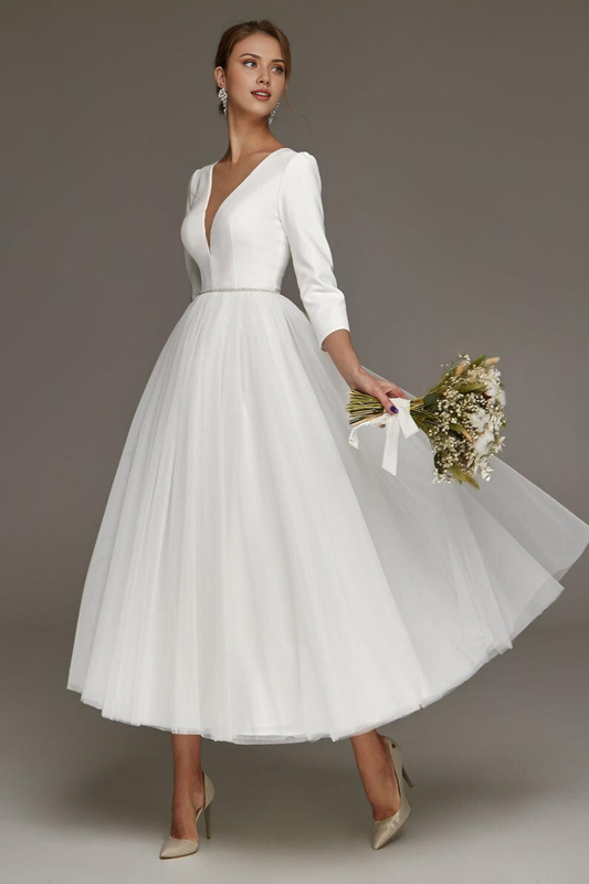 Elegant Tea-Length Minimalist Wedding Dress Short Wedding Party Dress A-line White Dress Long Sleeve Evening Dress Tulle Prom Dress