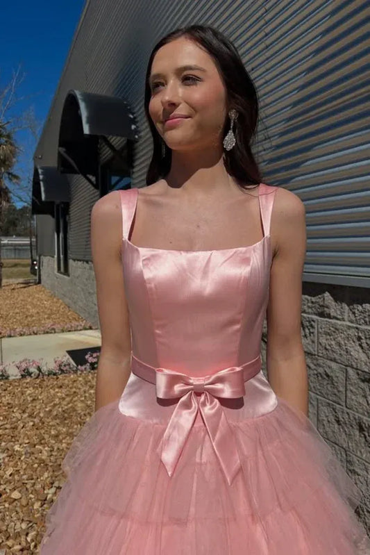 Elegant Tiered Square Neck Sleeveless Tulle Prom Dress With Bow