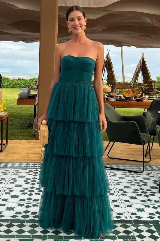 Elegant Tiered Strapless Sleeveless Tulle Maxi Formal Dress