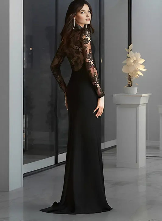 Elegant V-Neck Long Sleeves A-Line Slit Satin Sweep Train Evening Dress