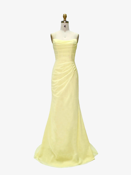 Elegant Mermaid Strapless Ruched Draped Pale Yellow Floor-Length Prom Dress
