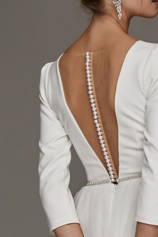 Elegant Tea-Length Minimalist Wedding Dress Short Wedding Party Dress A-line White Dress Long Sleeve Evening Dress Tulle Prom Dress