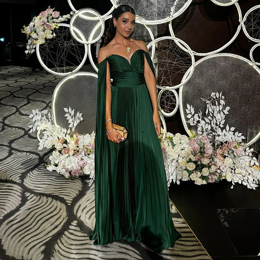 Emerald Green Off Shoulder Deep Pleated Cape Sleeve Satin A-Line Formal Evening Gown