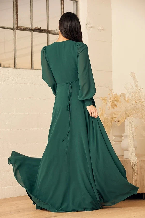 Formal Women's Dresses Deep V Neck Emerald Green Long Sleeve Slit Wrap Dress Prom Dress Stores