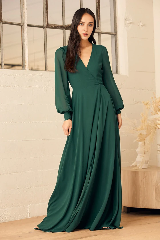 Formal Women's Dresses Deep V Neck Emerald Green Long Sleeve Slit Wrap Dress Prom Dress Stores