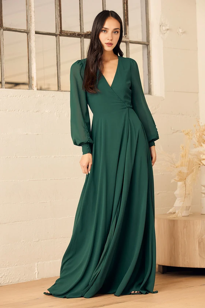 Formal Women's Dresses Deep V Neck Emerald Green Long Sleeve Slit Wrap Dress Prom Dress Stores