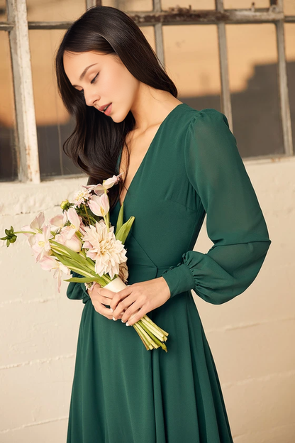 Formal Women's Dresses Deep V Neck Emerald Green Long Sleeve Slit Wrap Dress Prom Dress Stores