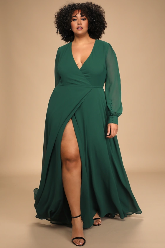Formal Women's Dresses Deep V Neck Emerald Green Long Sleeve Slit Wrap Dress Prom Dress Stores