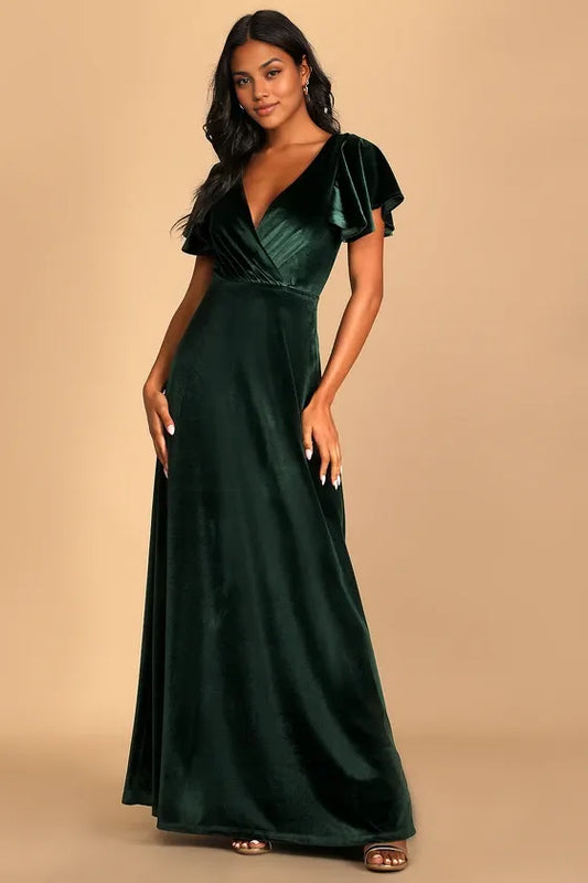 Formal Women's Dresses Absolutely Amazed Emerald Green Velvet Flutter Sleeve Maxi Dress In Prom Dress Shops