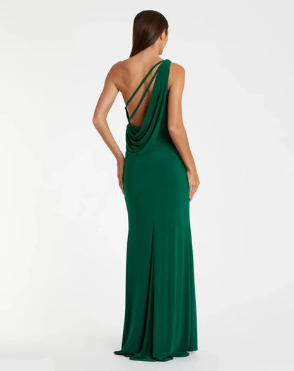 Simple Sheath One Shoulder Sleeveless Draped Back Floor-Length Prom Dress