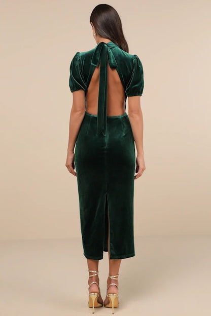 Formal Women's Dresses Fabulous Intuition Emerald Velvet Backless Tea-Length Dress Prom Dress Stores