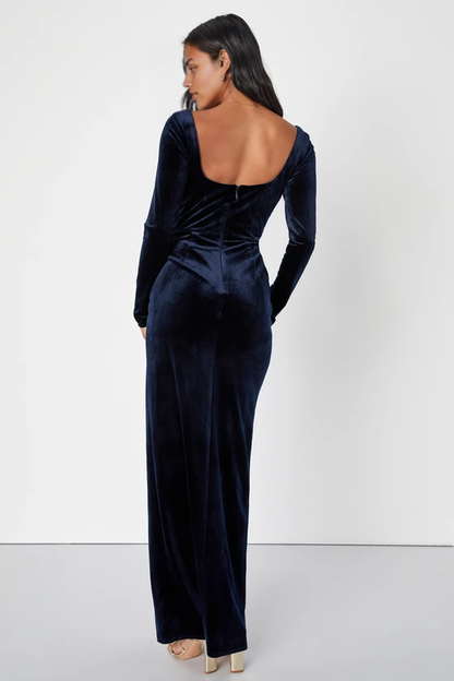 Formal Women's Dresses Backless Navy Blue Velvet Long Sleeve Maxi Dress Slit In Prom Dress Shops