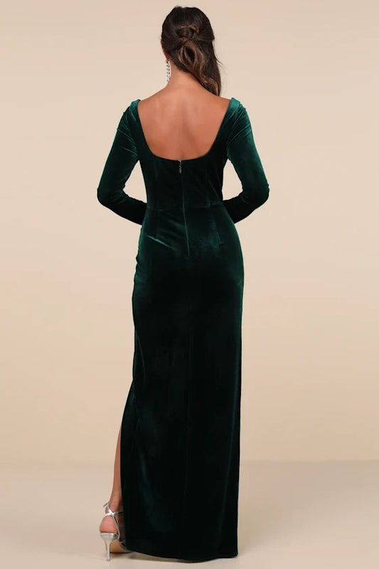 Formal Women's Dresses Backless Emerald Velvet Long Sleeve Maxi Dress Slit In Prom Dress Shops