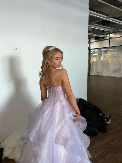 Enchanting A-Line Strapless Sweetheart Lace-Up Corset Tiered Tulle Floor-Length Evening Ball Gown