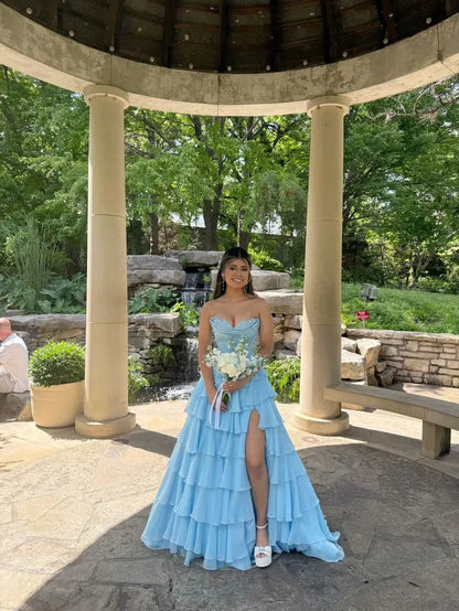 Enchanting A-Line Strapless Sweetheart Tiered Ruffle High-Slit Floor-Length Evening Gown