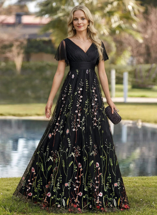 Enchanting Black Floral Embroidered Tulle A-Line Evening Gown with Flutter Sleeves