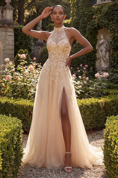 Ethereal A-Line Halter Sleeveless Floral Tulle Maxi Wedding Dress