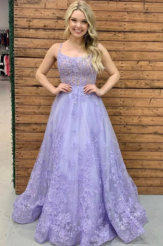 Ethereal A-Line Spaghetti Strap Lace Tulle Prom Dress