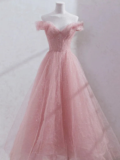 Ethereal Ball Gown Off Shoulder Ruffle Glitter Tulle Maxi Prom Dress