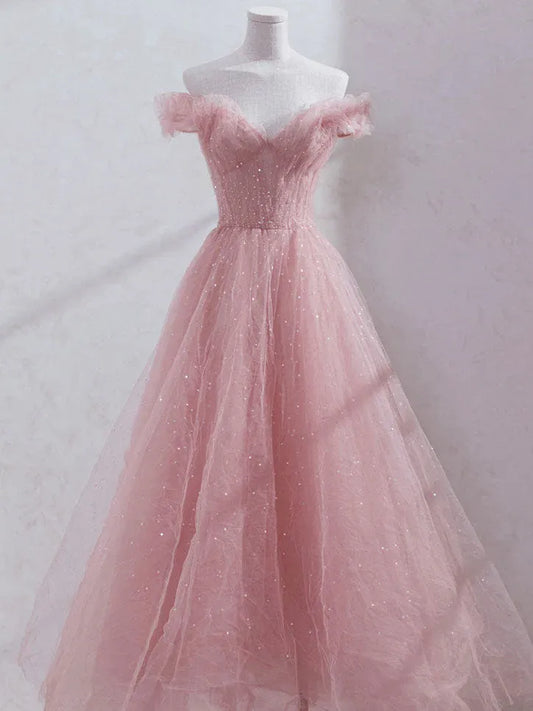Ethereal Ball Gown Off Shoulder Ruffle Glitter Tulle Maxi Prom Dress