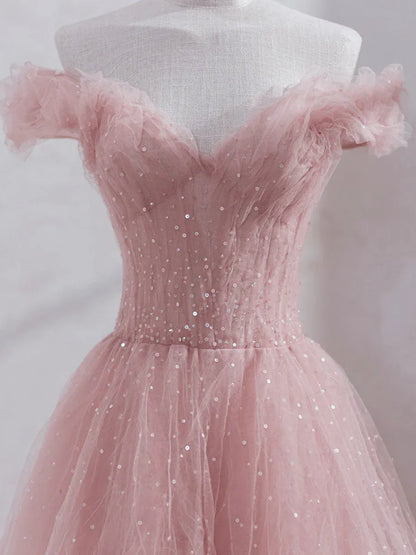 Ethereal Ball Gown Off Shoulder Ruffle Glitter Tulle Maxi Prom Dress