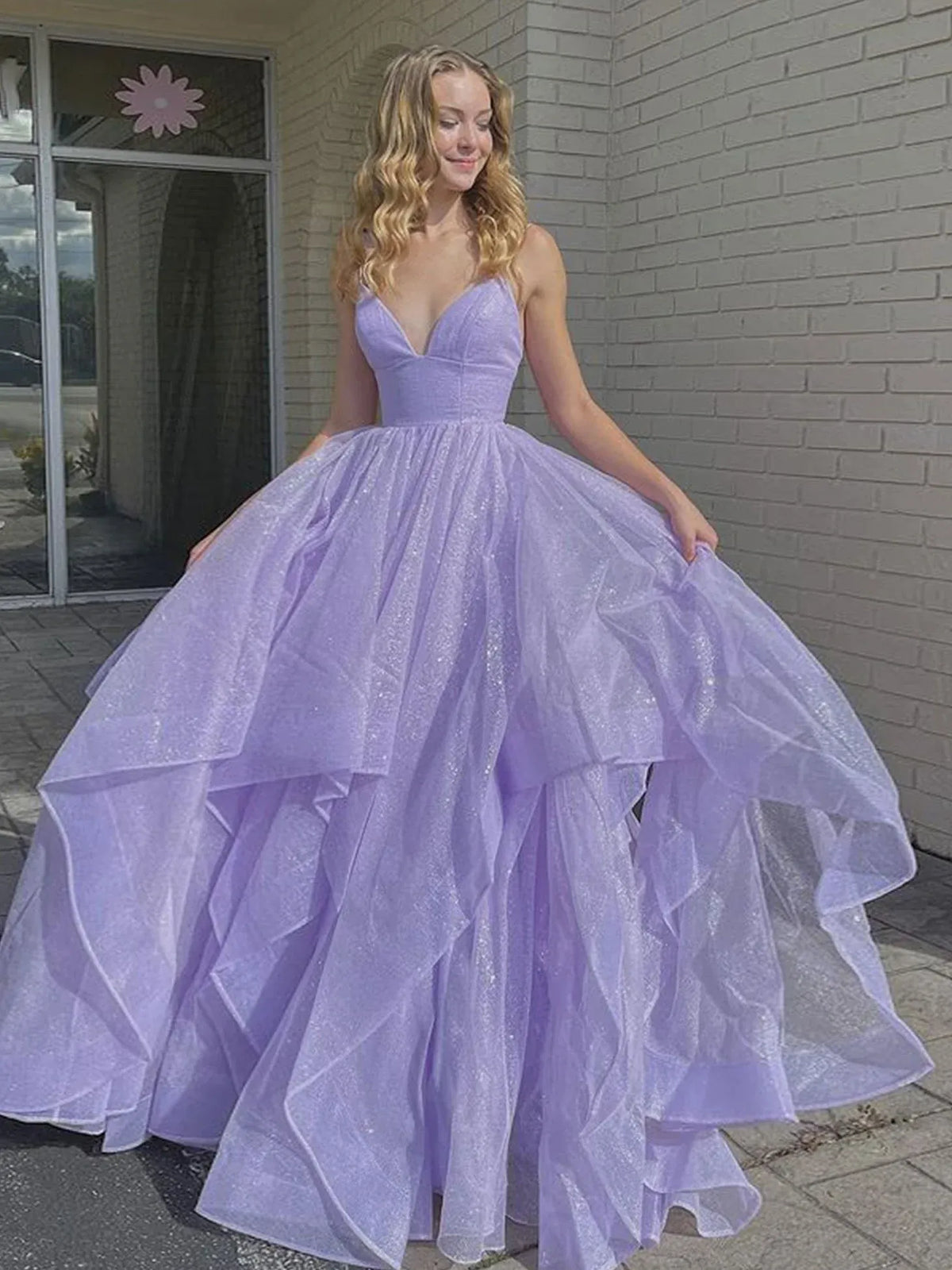 Ethereal Ball Gown Spaghetti Strap Glitter Tulle Maxi Prom Dress