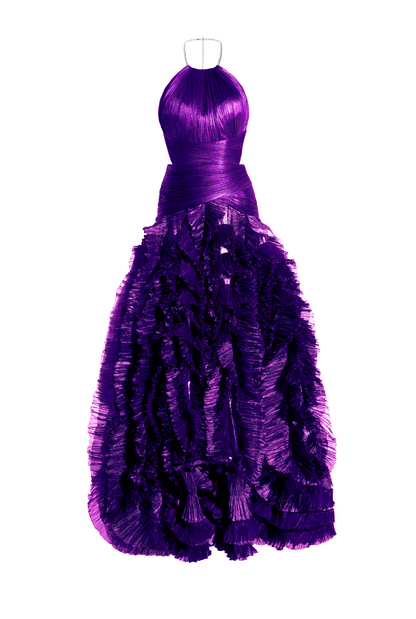 Prom Dress In Store Halter A-line Midnight Orchid Tiered Pleated Evening Dress Floor Length Sleeveless Dresses Evening Wear