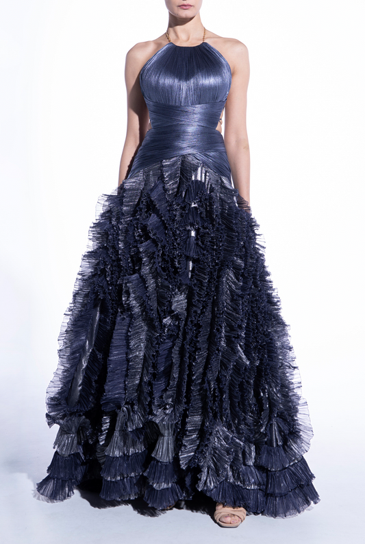 Prom Dress In Store Halter A-line Tiered Pleated Evening Dress Floor Length Sleeveless Dresses Evening Wear