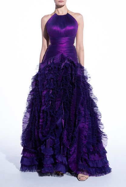 Prom Dress In Store Halter A-line Midnight Orchid Tiered Pleated Evening Dress Floor Length Sleeveless Dresses Evening Wear