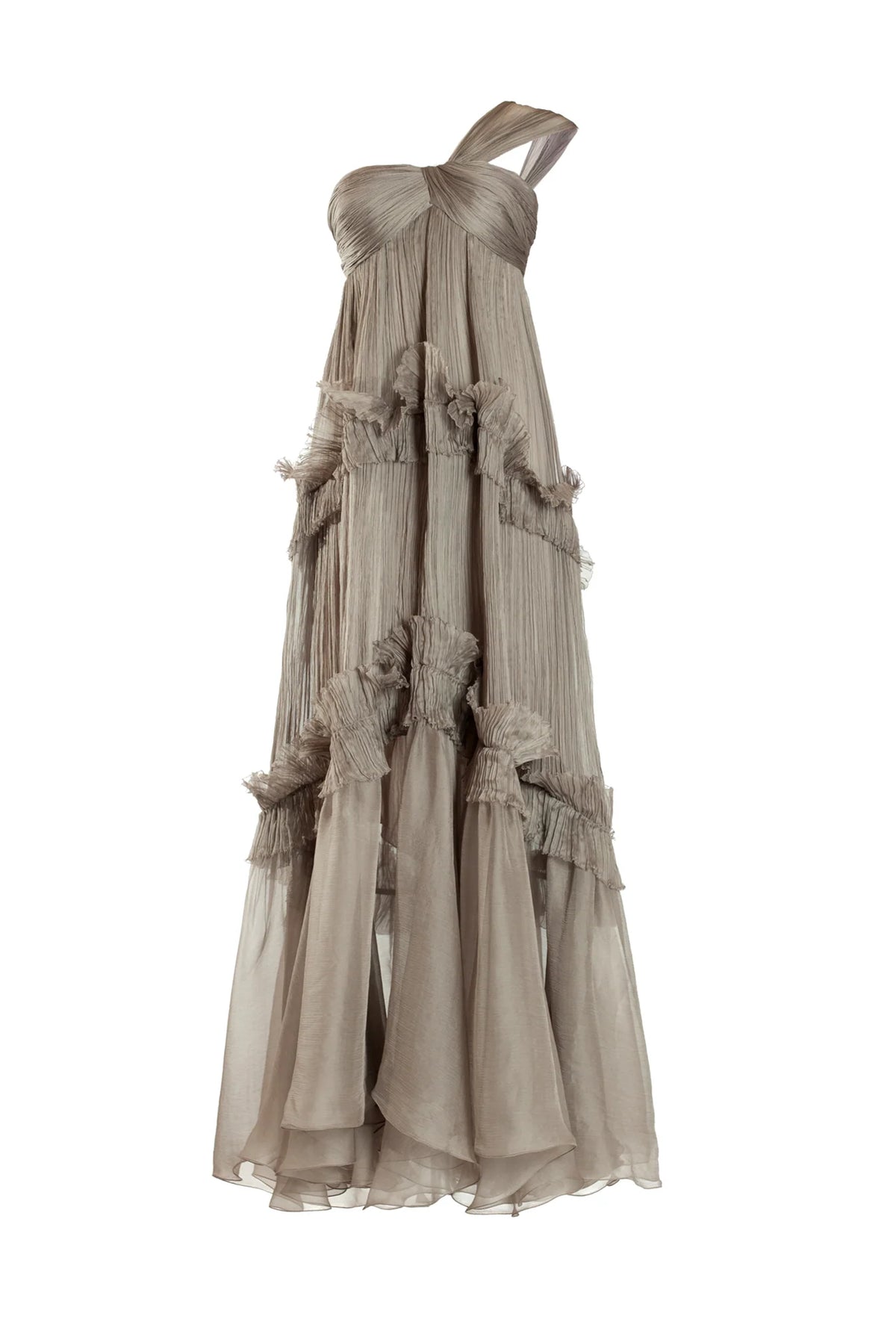 Romantic Pleated‑Chiffon Empire Sweetheart One‑Shoulder Lace‑Up‑Back Ruffled Floor‑Length Evening Dresses