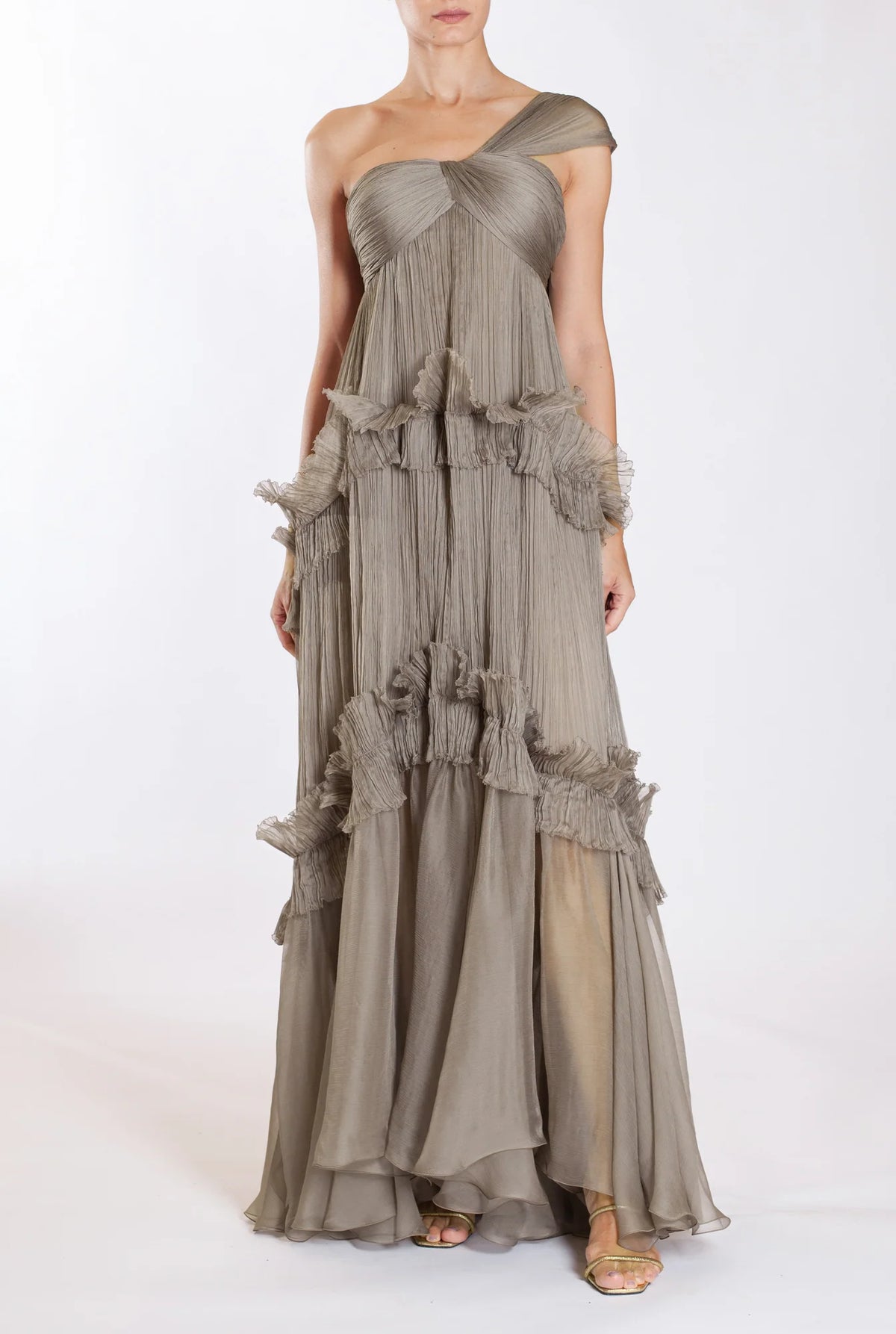 Romantic Pleated‑Chiffon Empire Sweetheart One‑Shoulder Lace‑Up‑Back Ruffled Floor‑Length Evening Dresses