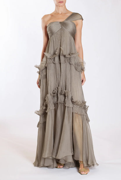 Romantic Pleated‑Chiffon Empire Sweetheart One‑Shoulder Lace‑Up‑Back Ruffled Floor‑Length Evening Dresses