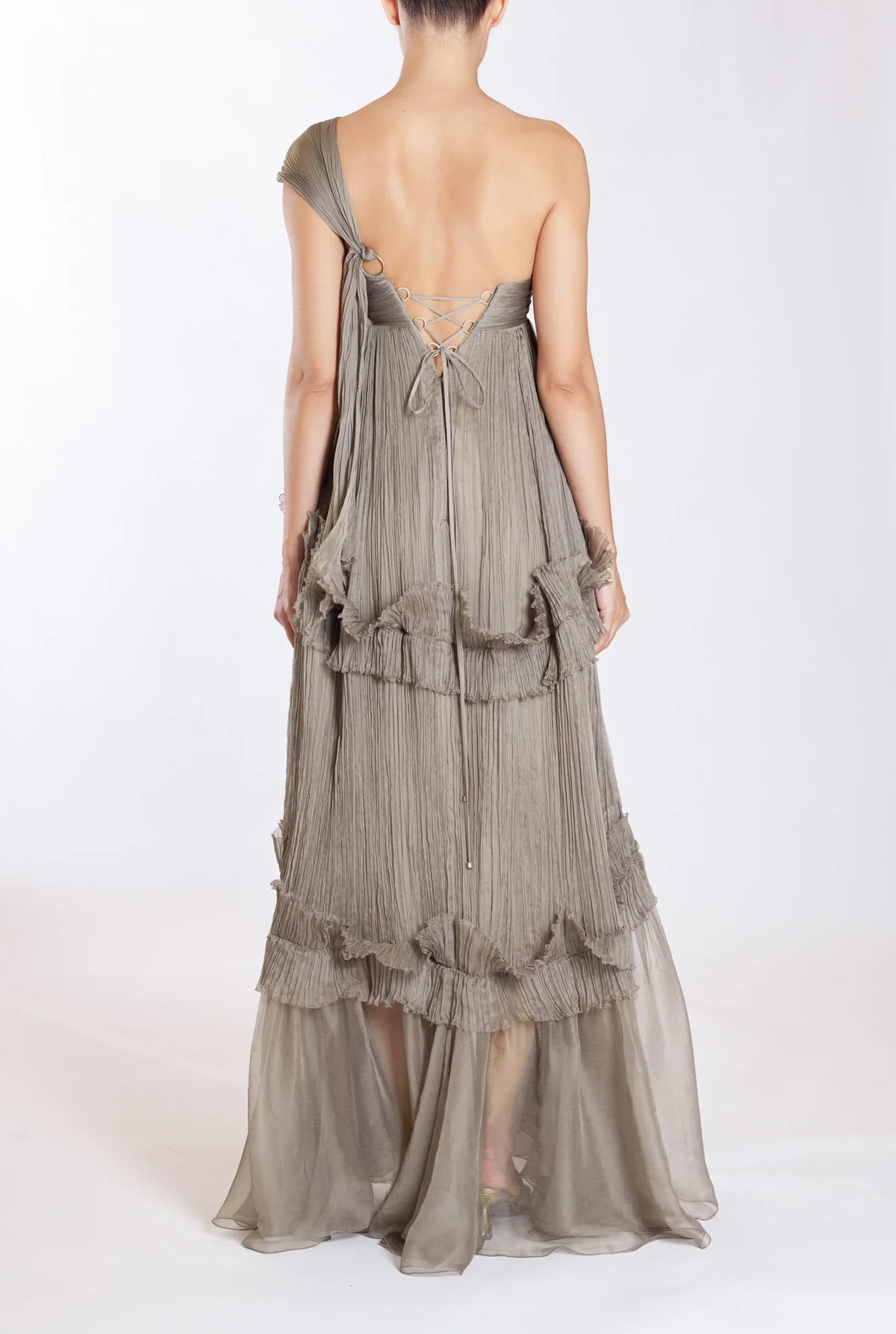 Romantic Pleated‑Chiffon Empire Sweetheart One‑Shoulder Lace‑Up‑Back Ruffled Floor‑Length Evening Dresses