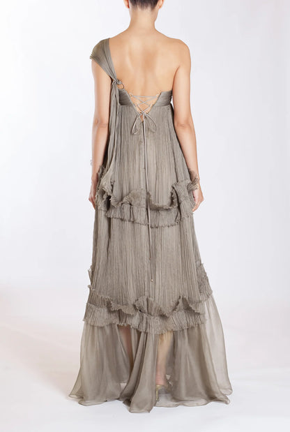 Romantic Pleated‑Chiffon Empire Sweetheart One‑Shoulder Lace‑Up‑Back Ruffled Floor‑Length Evening Dresses